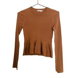 A.L.C. Tan Long Sleeves Peplum Merino Wool Crew Neck Sweater Size Extra Small